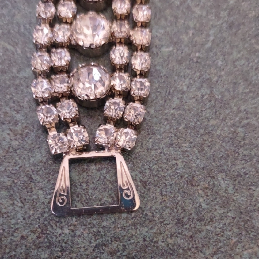 Vintage Silver Tone Clear Rhinestone Wide Bracelet - Picture 3 of 7